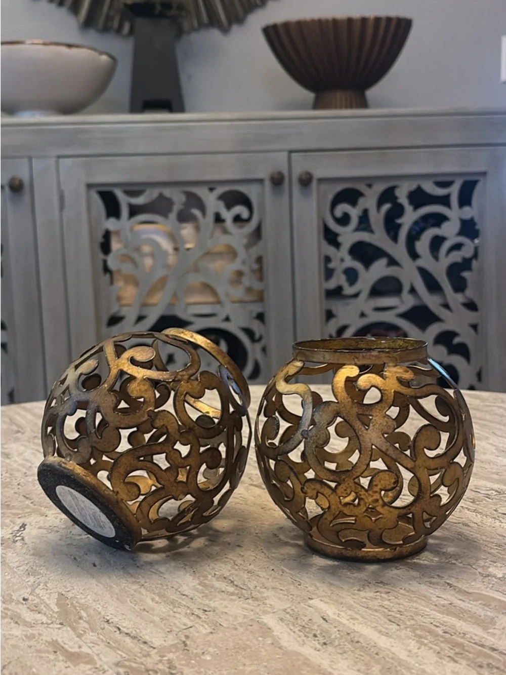 Decorative Gold Filigree Metal Votive Holders - Set of 2